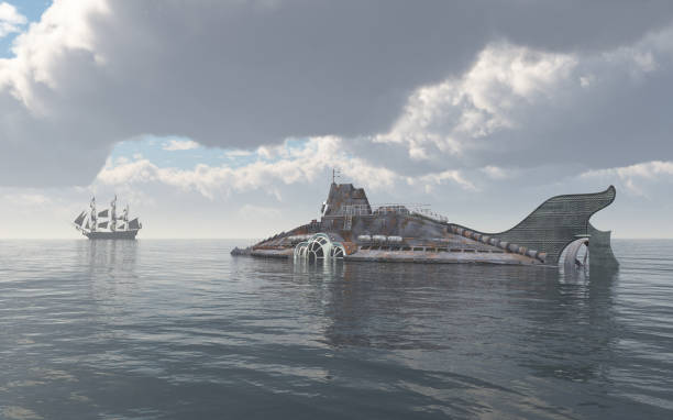 istock Fantasy submarine and sailing ship in the open sea 1336633583