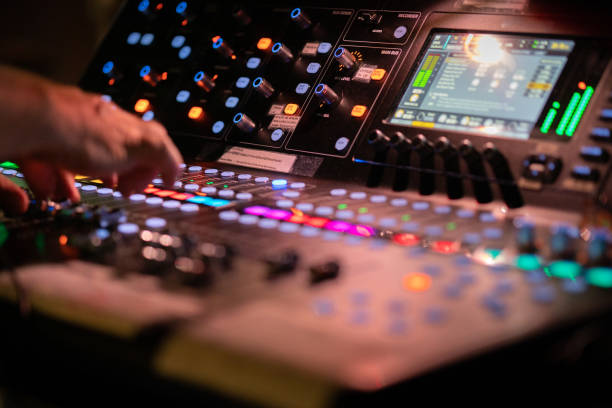 sound engineer at the mixer - human finger sound mixer music producer imagens e fotografias de stock