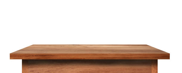 istock Side view of Wooden table top isolated on white background. 1336634689