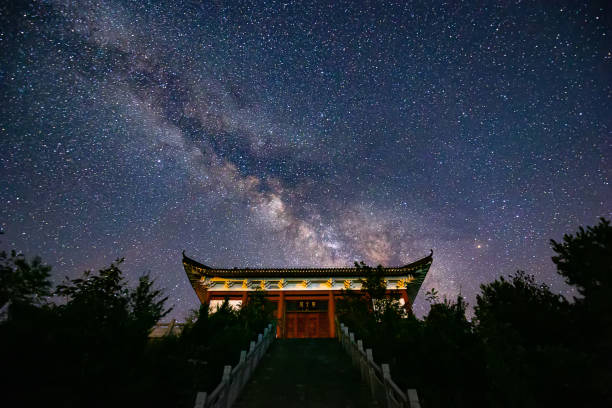 Milky Way with temple on mountain Milky Way with temple on mountain space milky way star night stock pictures, royalty-free photos & images