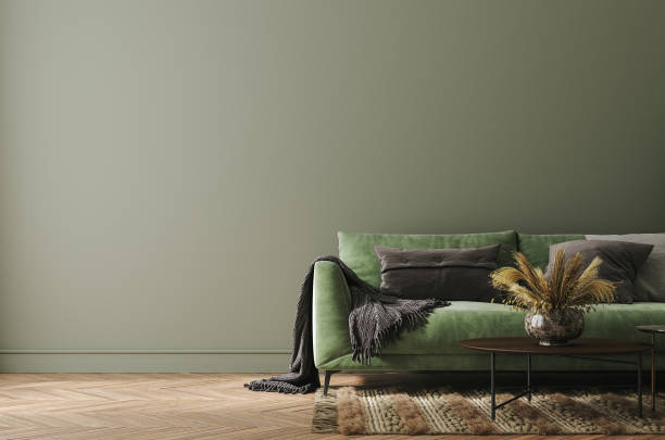 istock Home interior mock-up with green sofa, table and decor in living room 1336639549