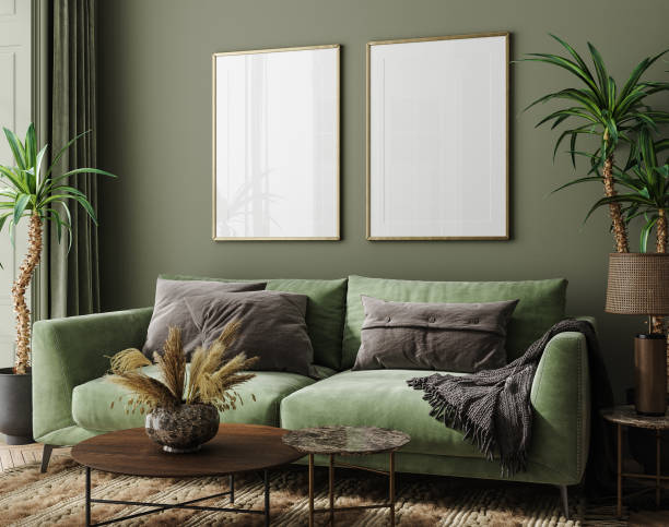 istock Poster mockup in home interior with green sofa, table and decor 1336639554