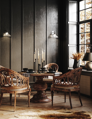 Interior vintage oscuro con muebles de madera photo