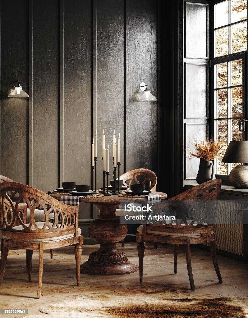 Dark vintage interior with wooden furniture Dark vintage interior with wooden furniture, 3d render Home Interior Stock Photo