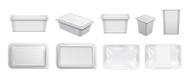 White plastic containers. Food container, packaging for take away and yogurts. Realistic boxes for cafe, bar, restaurant, top view reusable dishes vector mockup White plastic containers. Food container, packaging for take away and yogurts. Realistic boxes for cafe, bar, restaurant, top view dishes vector mockup. Container plastic white package for food polystyrene box stock illustrations