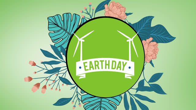 Animation of earth day text and windmills logo over flowers on green background