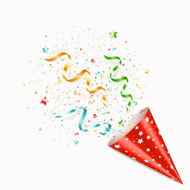 istock Gold party hat with stars, ribbons and confetti, isolated. 1336641658