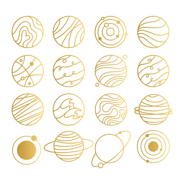 Set of abstract planets linear icons. Logo, pictogram, sign, symbol of space. Universe, galaxy concept. Vector hand drawn stock illustration. jupiter stock illustrations
