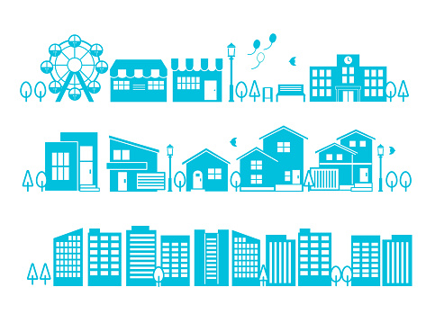 Simple and cute cityscape icon set / vector illustration material / summary / hospital / school