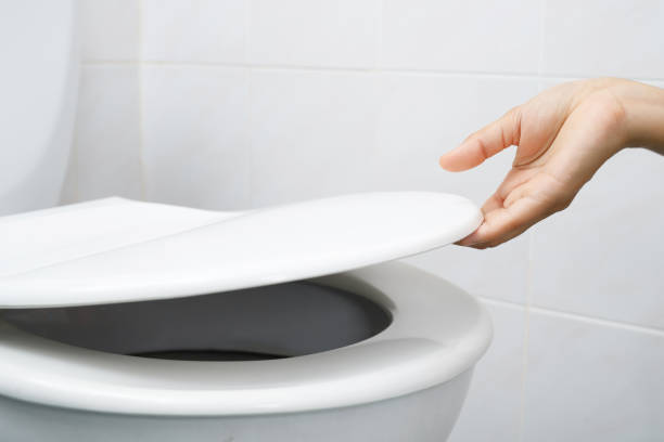 istock Woman's hand opening the toilet lid 1336644172