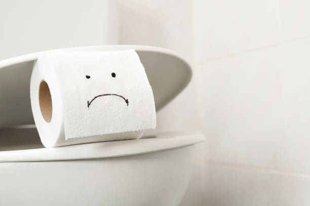 Toilet paper  on the toilet bowl at home. stock photo