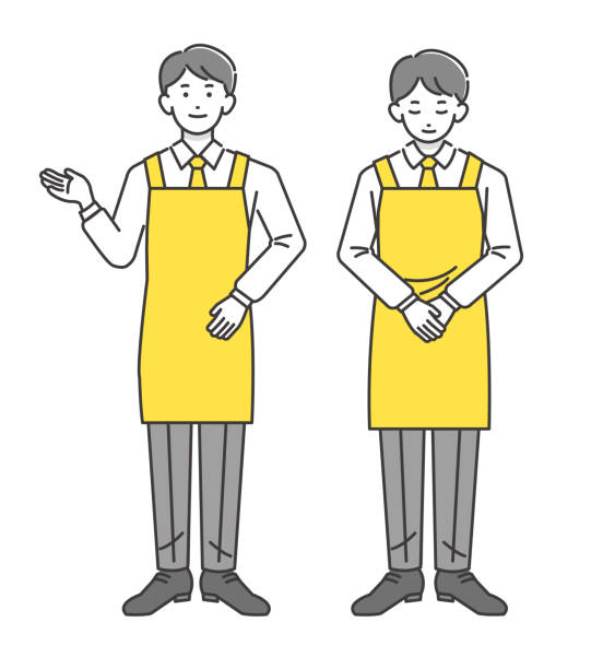 vektorillustration eines mannes in einer schürze, der sich verbeugt und führt / supermarkt / restaurant - sales clerk stock-grafiken, -clipart, -cartoons und -symbole