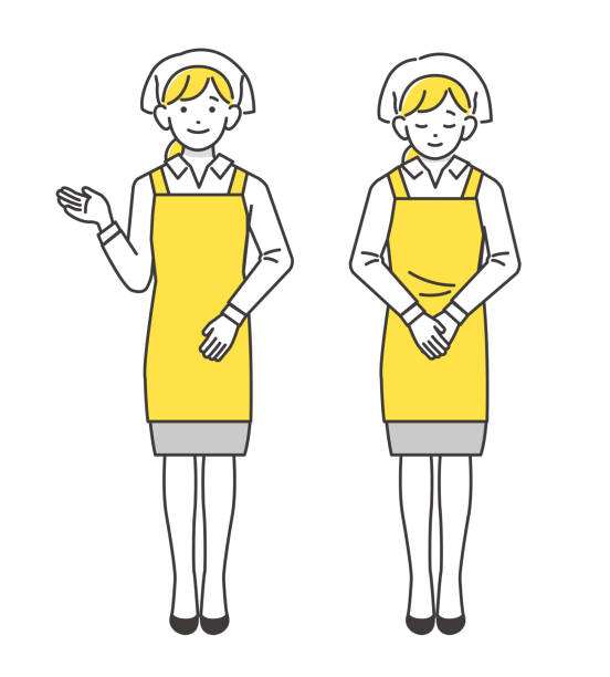 векторная иллюстрация женщины в фартуке, поклоняющейся и направляющей / супермаркет / ресторан - usher stock illustrations