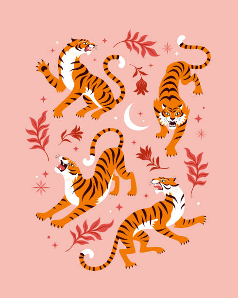 Roaring Tigers collection Vector illustration of four cartoon orange tigers in different actions, surrounded by red leaves and flowers. Isolated on light pink background tiger illustrations stock illustrations