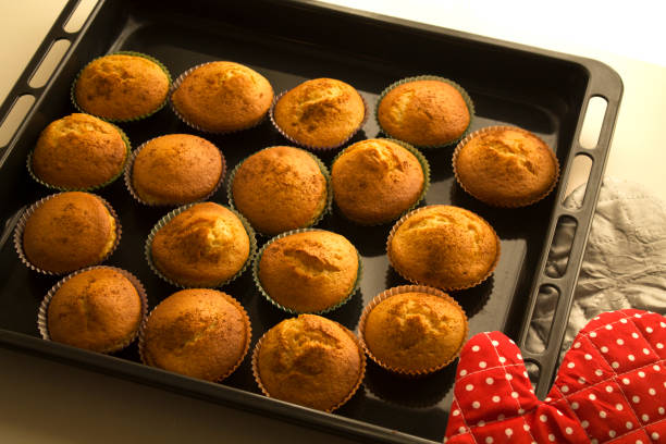 istock tray with fresh cupcakes and oven mitt 1336647329