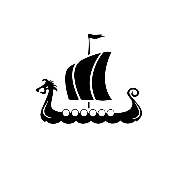 Vector illustration of Drakkar vikings logo vector illustration. Viking transport warship. Design template. Isolated on white background. Northerners ship boat scandinavia black logo icon