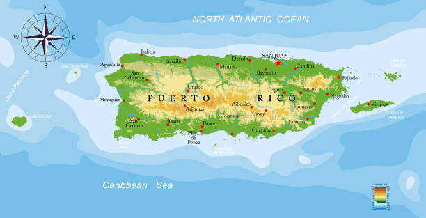 Puerto Rico-highly detailed physical map Highly detailed physical map of Puerto Rico in vector format,with all the relief forms,regions and big cities. puerto rico silhouette stock illustrations