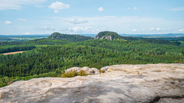 Saxon Switzerland Saxony Elbe Sandstone Mountains Rauenstein Landscape panorama view from Rauenstein in Saxon Switzerland in summer. festung konigstein castle stock pictures, royalty-free photos & images