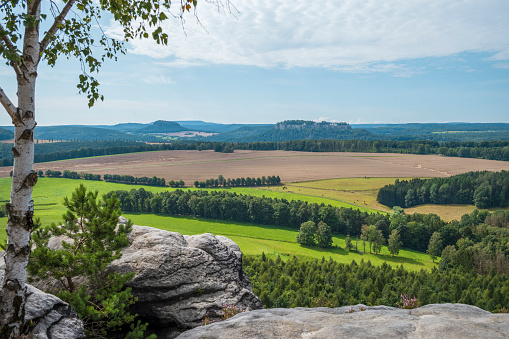 Landscape panorama view from Rauenstein in Saxon Switzerland in summer.
