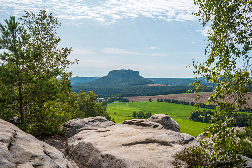 Landscape panorama view from Rauenstein in Saxon Switzerland in summer.