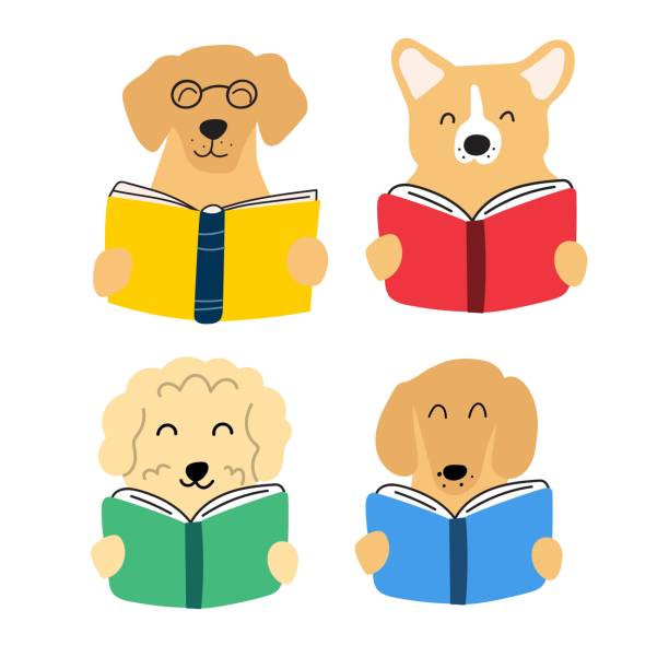 ilustraciones, imágenes clip art, dibujos animados e iconos de stock de conjunto de perros lindos leyendo un libro. - dog school illustrations
