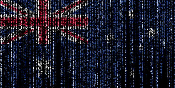 Flag of Australia on a computer binary codes falling from the top and fading away.