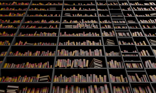 bottom view of a large library with stairs on one side. 3d rendering