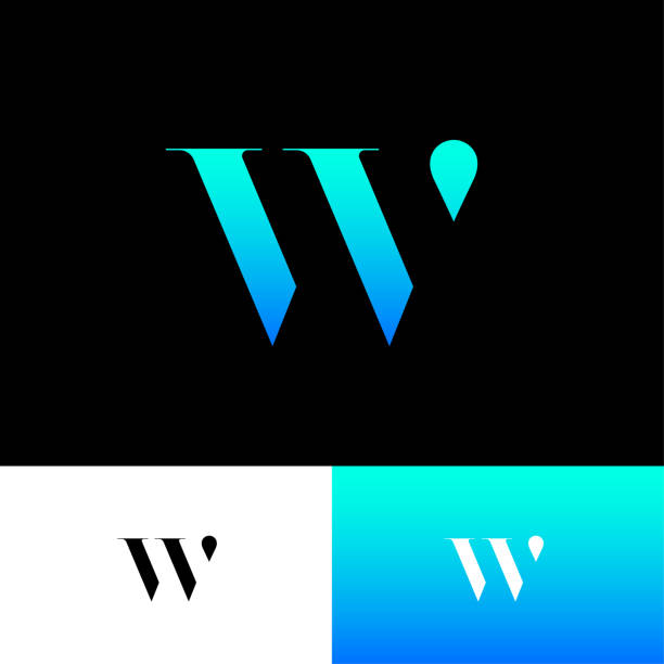 W monogram. W icon. Blue letter with drop,   isolated on a dark background. Emblem for water packaging, water label, beverage company, delivery of water, water sport icon. letter w stock illustrations