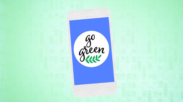 Animation of go green text and leaf logo on blue smartphone screen, on green background