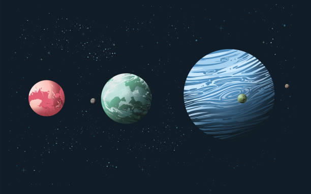 Various exoplanets with moons on dark blue space background with stars Various exoplanets on dark blue space background with glowing stars. Two rocky earth-like, planets and one large gas giant with moons around them. extrasolar planet stock illustrations