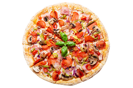 pizza with bacon, mushrooms, salami and vegetables isolated on white background, top view