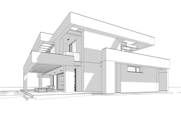 istock 3d rendering of modern house in luxurious style black line on white background 1336661200