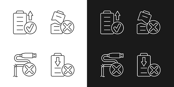 Drone performance linear manual label icons set for dark and light mode. Customizable thin line symbols. Isolated vector outline illustrations for product use instructions. Editable stroke