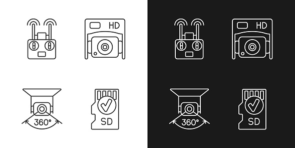 Effective drone use linear manual label icons set for dark and light mode. Customizable thin line symbols. Isolated vector outline illustrations for product use instructions. Editable stroke