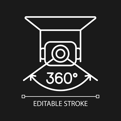 Full camera rotation white linear manual label icon for dark theme. Thin line customizable illustration. Isolated vector contour symbol for night mode for product use instructions. Editable stroke