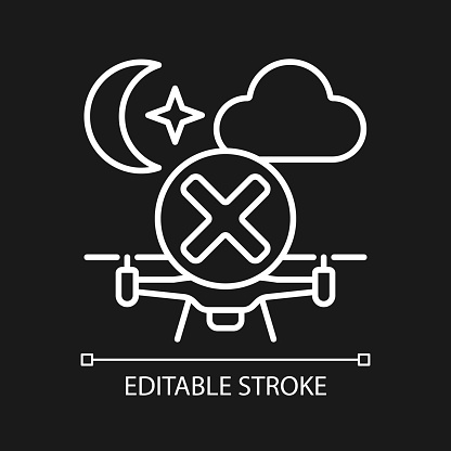 Dont fly drone at night white linear manual label icon for dark theme. Thin line customizable illustration. Isolated vector contour symbol for night mode for product use instructions. Editable stroke