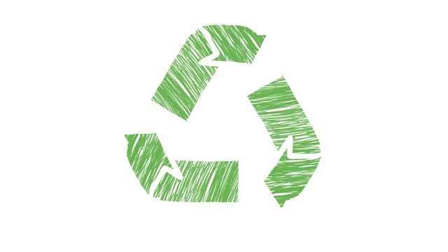 Animated green recycling symbol with cartoon pen style