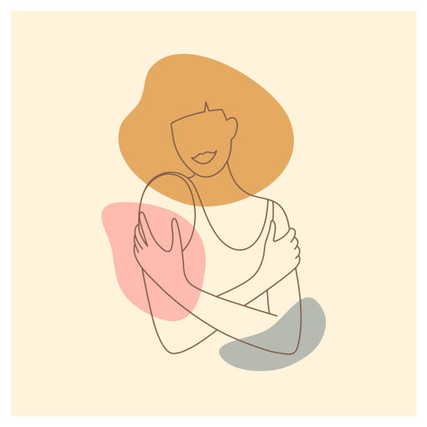Aesthetic abstract poster in trendy linear style of woman hugging herself, self love and care concept Femininity aesthetic abstract poster. Woman embracing shoulders. Female silhouette in trendy linear style. Portrait of lady in hat hugging self. Love, care yourself, body positive vector illustration silhouette lounge stock illustrations