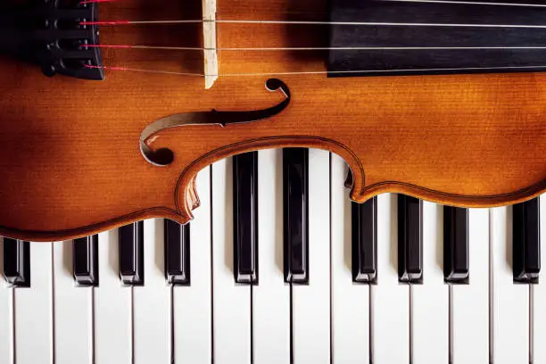 Photo of Violin on top of piano keys  background