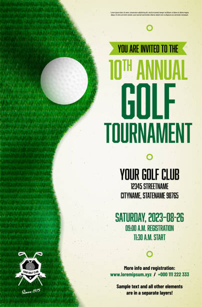 ilustraciones, imágenes clip art, dibujos animados e iconos de stock de plantilla de póster de torneo de golf con pelota y hierba - golf