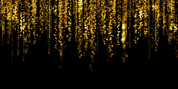 floating gold bokeh black background golden stardust 3D illustration