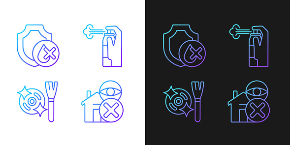 Drone guide gradient manual label icons set for dark and light mode. Thin line contour symbols bundle. Isolated vector outline illustrations collection on black and white for product use instructions