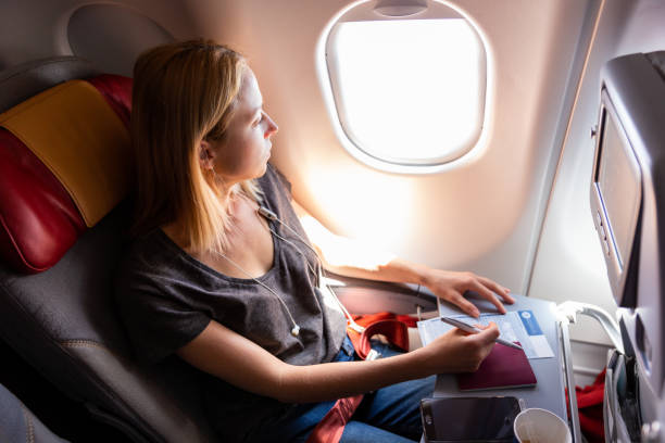 istock Young Woman Sitting In Airplane 1336666733
