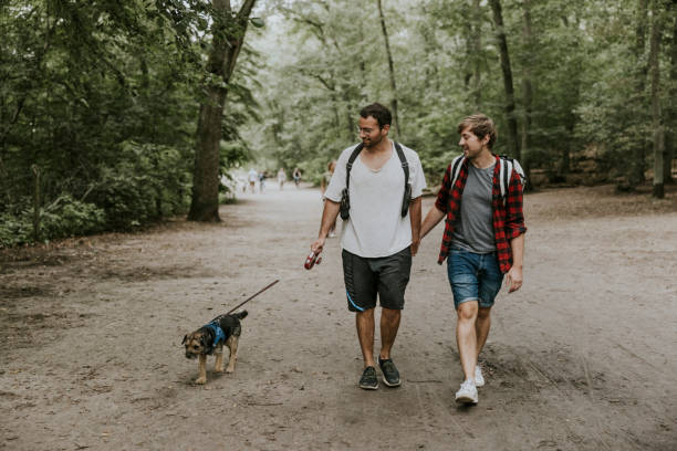 coppia che cammina con il cane nel parco pubblico - gay man homosexual couple homosexual men foto e immagini stock