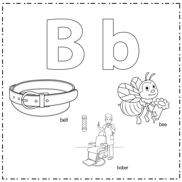 Vector illustration for learning the letter B in both lowercase and uppercase for children with 3 cartoon images. Belt Baber Bee. Black and white vector illustration for learning to write English alphabets with cartoons for children. Uppercase and lowercase letters, scribble, make, stickers, cut and paste, learning pages for kids. fancy letter b drawing stock illustrations
