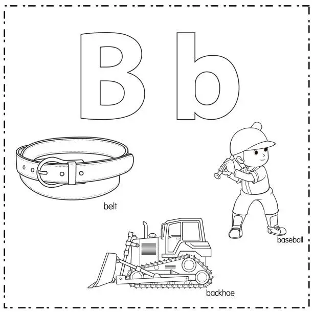 Vector illustration of Vector illustration for learning the letter B in both lowercase and uppercase for children with 3 cartoon images. Belt Backhoe Baseball.
