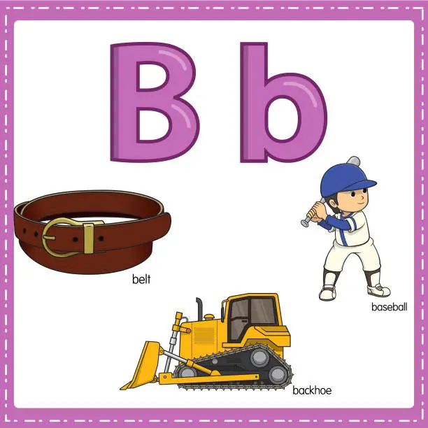 Vector illustration of Vector illustration for learning the letter B in both lowercase and uppercase for children with 3 cartoon images. Belt Backhoe Baseball.