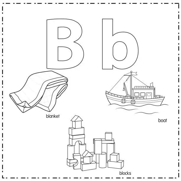 Vector illustration of Vector illustration for learning the letter B in both lowercase and uppercase for children with 3 cartoon images. Blanket Blocks Boat.