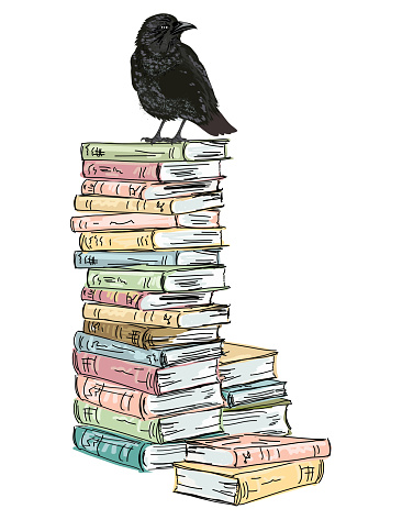 Raven And Stacks Of Books