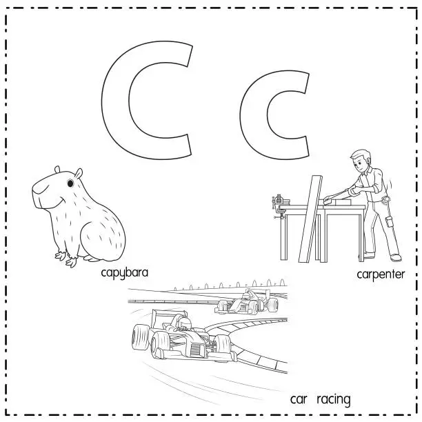 Vector illustration of Vector illustration for learning the letter C in both lowercase and uppercase for children with 3 cartoon images. Capybara Car racing Carpenter.